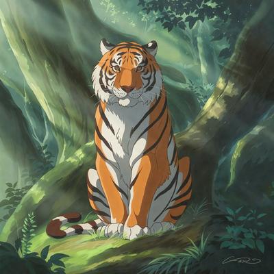 The primary subject of the image is a large orange and white tiger sitting on the ground in a forest. The setting is a lush green forest with trees and plants surrounding the tiger. The visual style is an illustration or drawing, giving the image a more artistic and detailed appearance. The colors and mood of the image are vibrant and lively, with the orange and white tiger standing out against the green forest backdrop.